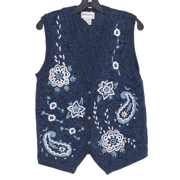 Vintage Sweater Vest Floral Paisley Cottage Dark Academia Boho Farm Blue Large - Picture 1 of 5